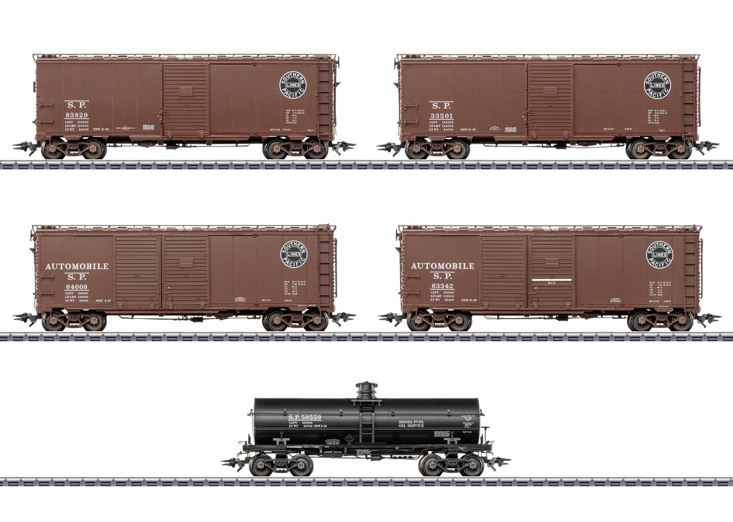 Illustration von fünf Modellgüterwagen auf Gleis: vier braune Güterwagen und ein schwarzer Kesselwagen, nebeneinander dargestellt.