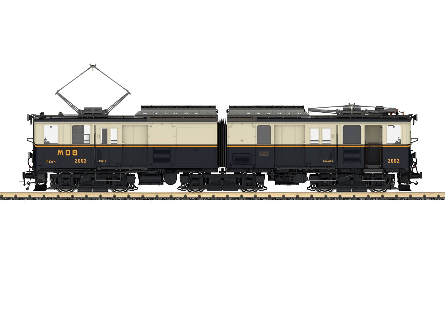 Seitenansicht einer Vintage-Elektrolokomotive mit angehobenem Stromabnehmer, Karosserie in Creme und Schwarz, gekennzeichnet mit „MOB