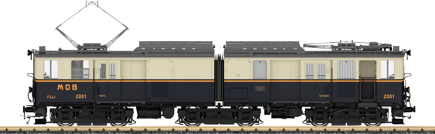 Seitenansicht einer beige und dunkelblau gefärbten vintage Elektrolokomotive mit zwei verbundenen Abschnitten, gekennzeichnet mit MOB und 2001.