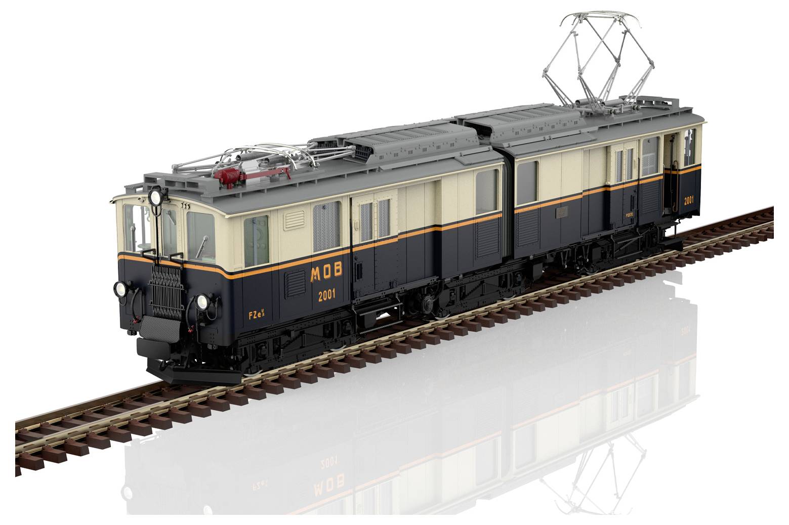 Vintage-Elektrolokomotivenmodell auf Schiene, dunkelgrau und creme mit orangefarbenen Streifen, in Seitenansicht auf weißem Hintergrund dargestellt.