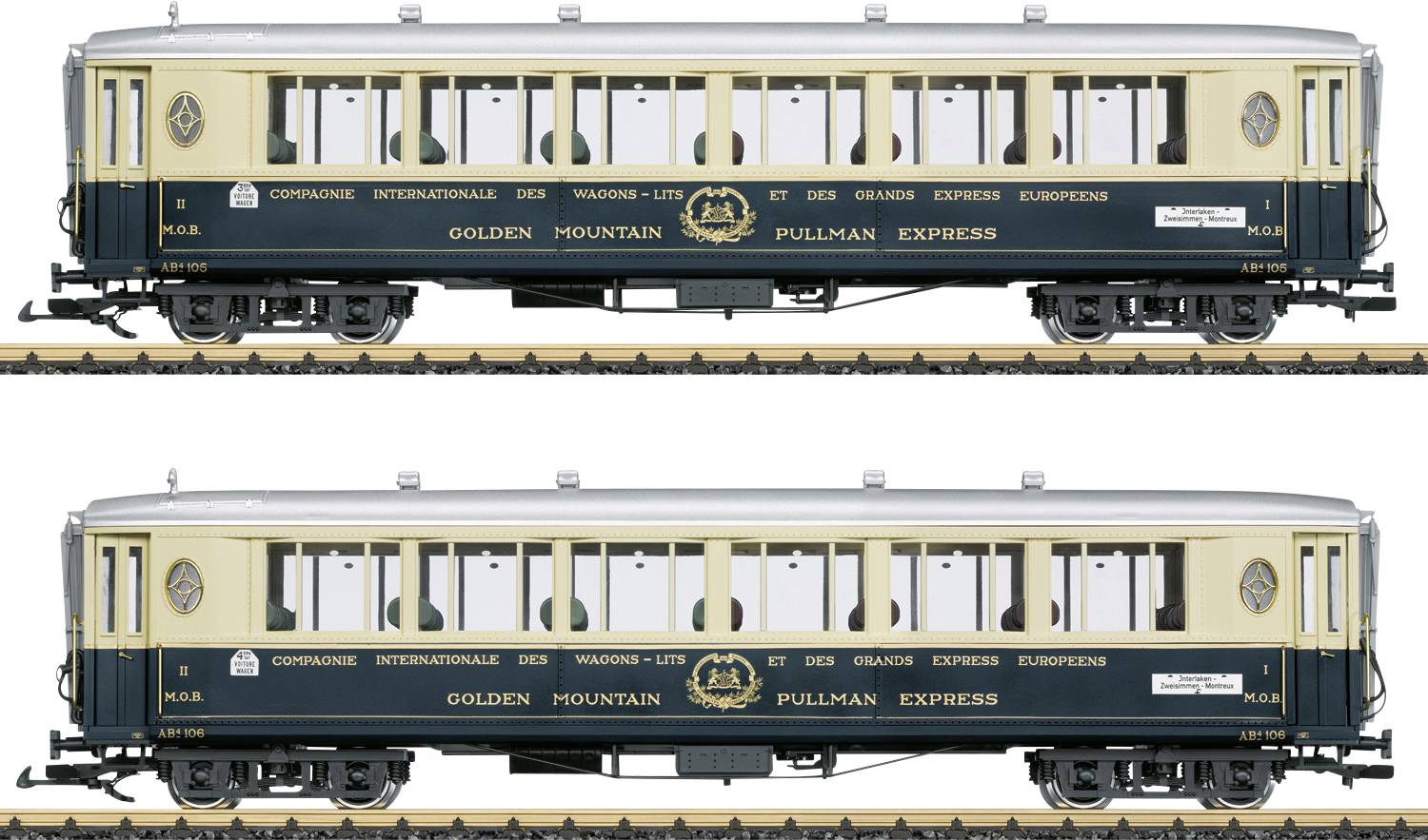Zwei Seitenansichten eines Vintage-Modells eines Fahrgastwagens der 