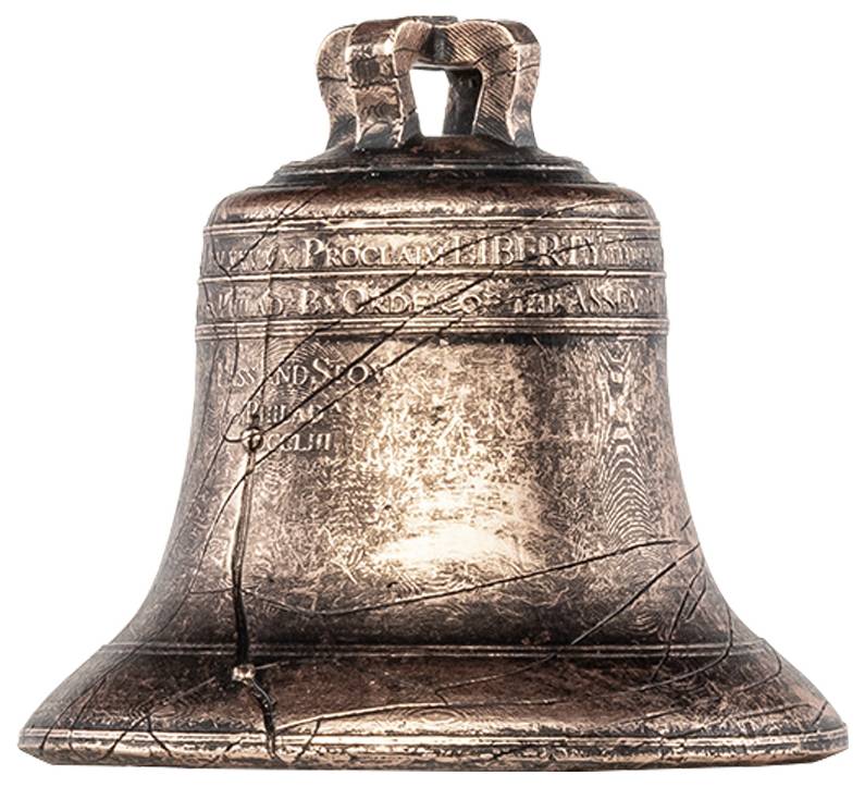 Eine verwitterte Bronzeglocke mit einer Schleifenöse, eingravierten Text und sichtbaren Rissen, vor weißem Hintergrund gezeigt.