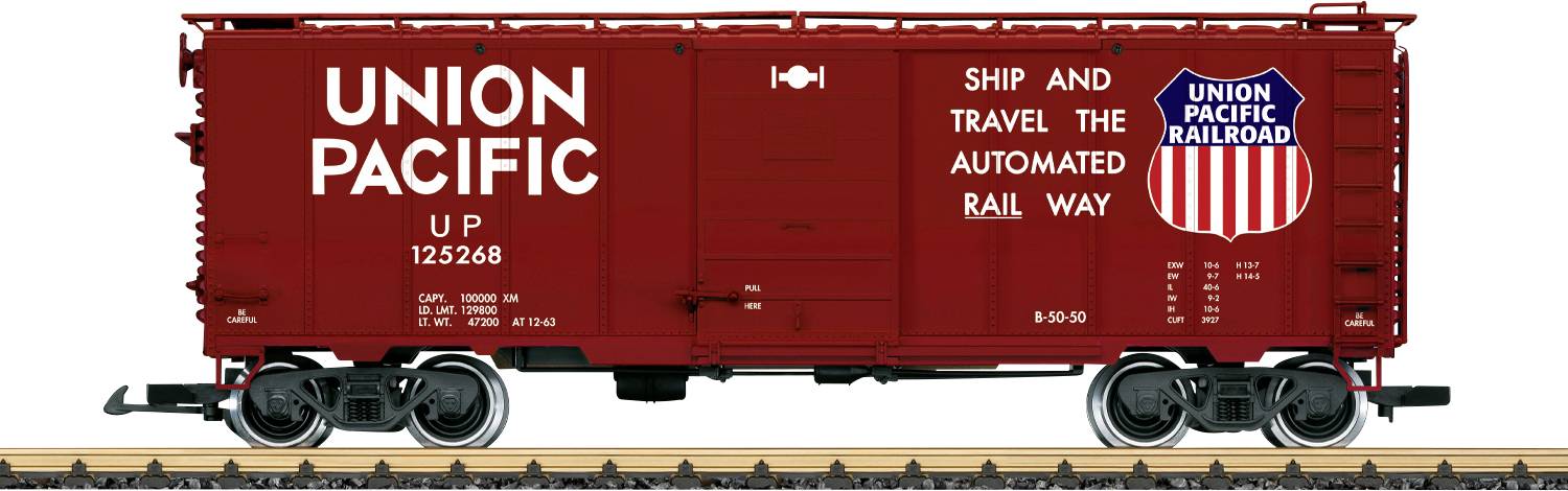 Seitenansicht eines roten Union-Pacific-Güterwagens mit großen weißen Buchstaben 