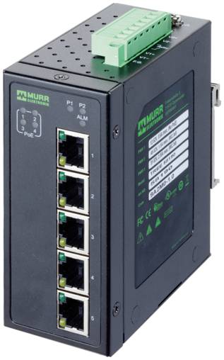 Industrie-Netzwerkschalter von Murrelektronik mit fünf Ethernet-Anschlüssen, Status-LEDs und grüner Klemmleiste auf der Oberseite