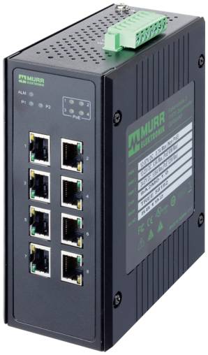 Black Murr-Ethernet-Industrieschalter mit 8 RJ45-Anschlüssen, Status-LEDs und grünem Schnellverbinderklemmenblock oben.