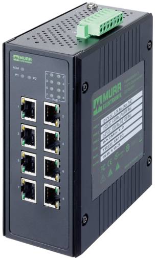 Industrieller Murr Elektronik Ethernet-Schalter mit 8 RJ45-Anschlüssen und einer grünen Reihenklemme oben