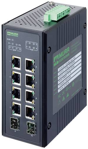 Industrieller Murr Netzwerk-Switch mit 8 Ethernet-Ports und 2 SFP-Uplink-Ports in einem schwarzen Metallgehäuse.