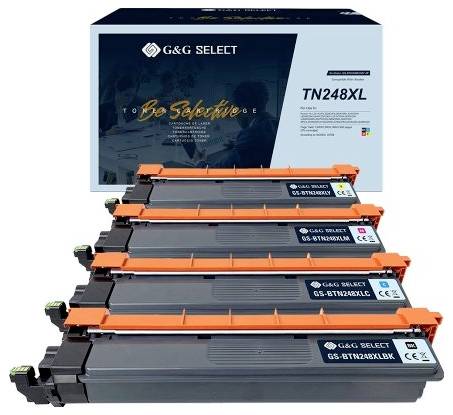 G&G SELECT Toner-Kartuschenbündel mit vier schwarzen Kartuschen, die vor der TN248XL-Schachtel gestapelt sind.