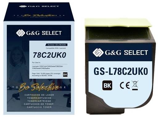 Zwei G&G SELECT schwarze Laser-Tonerpatronen-Pakete, gekennzeichnet mit 78C2UK0 und GS-L78C2UK0 mit BK-Farbmarkierungen.