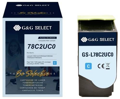 G&G SELECT Tonerpatrone-Verpackung und Patrone mit der Bezeichnung '78C2UCO' und 'GS-L78C2UCO' für Lexmark-Drucker.