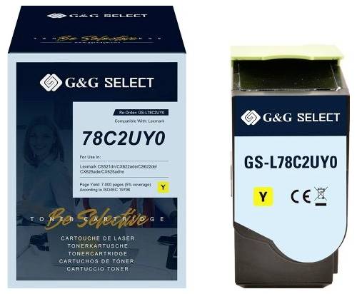 G&G SELECT Laser-Drucker-Tonerpatrone Verpackung und Patrone mit Bezeichnung '78C2UY0' und 'GS-L78C2UY0', mit gelber Markierung 'Y' zur Kennzeichnung von gelbem Toner.