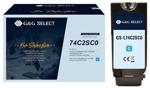 G&G Select Toner-Cartridge-Verpackung und Cartridge mit Bezeichnung GS-L74C2SC0, Cyan, zur Verwendung in kompatiblen Laserdruckern.