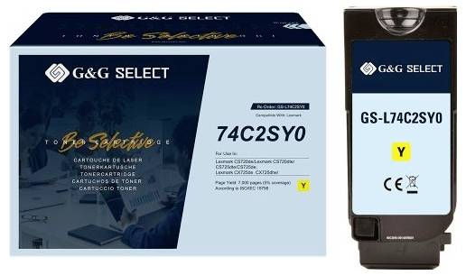 G&G Select Tonerkassette Verpackung und Kassette mit Beschriftung GS-L74C2SY0, Gelb (Y), mit Kompatibilitätscode 74C2SY0 auf der Schachtel angezeigt.