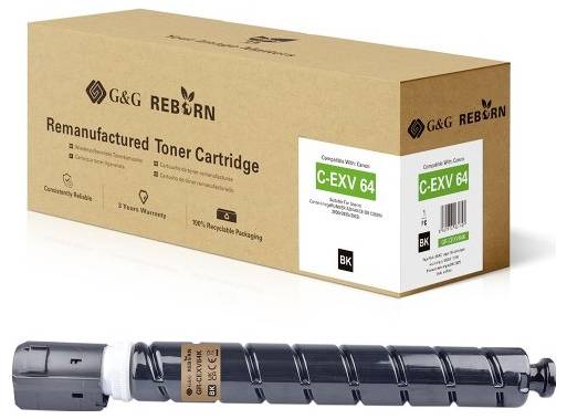 G&G REBORN wiederaufbereitete Tonerpatrone in brauner Verpackung, gekennzeichnet mit C-EXV 64, gezeigt mit der schwarzen Tonerpatrone darunter.