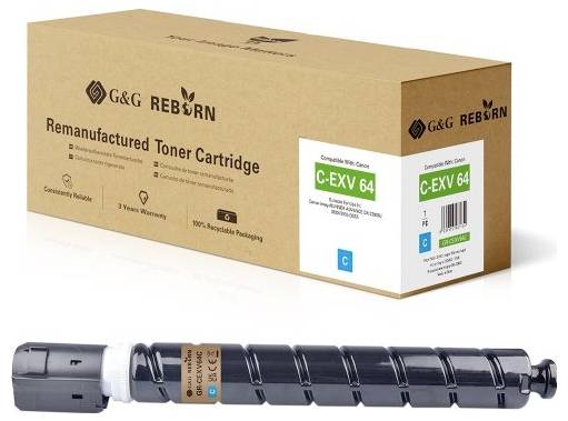 G&G REBORN wiederaufbereitete Tonerkartusche Verpackung mit einer schwarzen Tonerkartusche, die unten dargestellt ist, mit der Bezeichnung C-EXV 64.