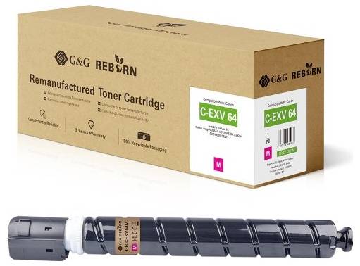 G&G Reborn wiederaufbereitete Tonerpatrone in brauner Verpackung mit der Bezeichnung C-EXV 64, daneben die schwarze Patrone gezeigt.