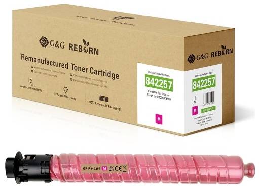 Karton mit G&G REBORN wiederaufbereiteter Tonerpatrone mit Modell 842257 sowie eine rosa Tonerpatrone, die unter der Verpackung gezeigt wird.