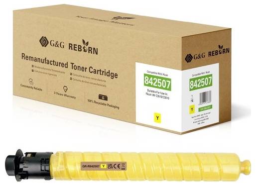 G&G REBORN wiederaufbereitete Tonerpatrone Box und gelbe Tonerpatrone, gekennzeichnet als 842507, gezeigt als Produktverpackung und die Patrone selbst.