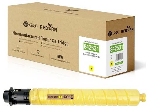 Bild einer G&G REBORN wiederaufbereiteten Tonerpatrone in brauner Verpackung, mit der darunter gezeigten gelben Patrone und Etiketten mit '842531' und 'Y'.