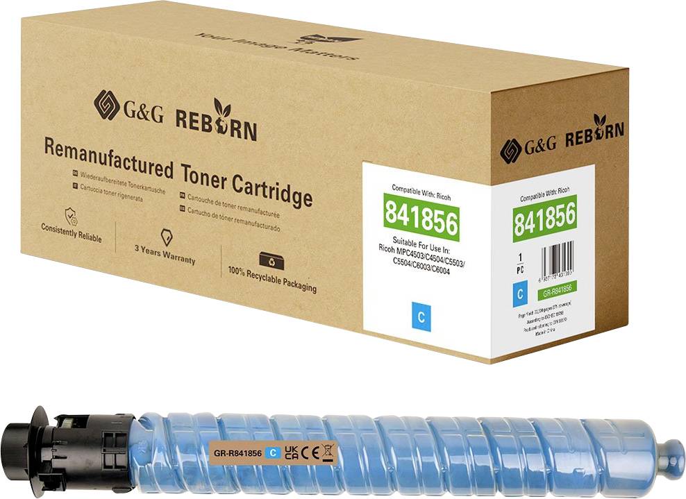 G&G REBORN erneuerte Tonerkartusche in Verpackung und blau Tonerkartusche, mit Modellnummer GR-R841856 auf der Verpackung angegeben.