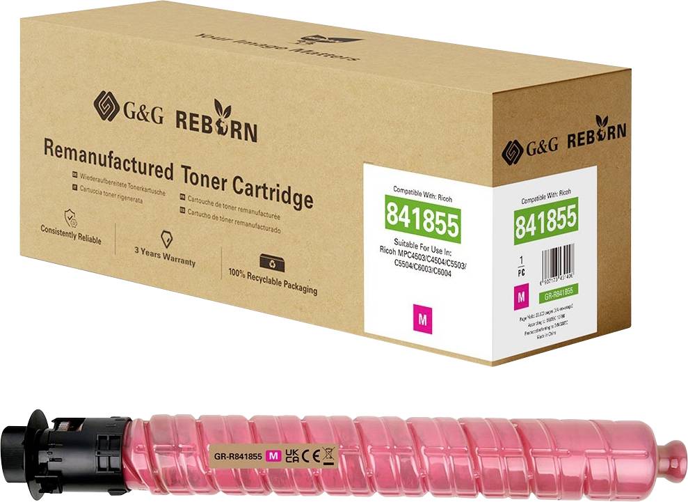 G&G REBORN aufgearbeitete Tonerkartusche Karton und eine rosa Tonerkartusche, gekennzeichnet als kompatibel mit Brother 841855 und Größe M.
