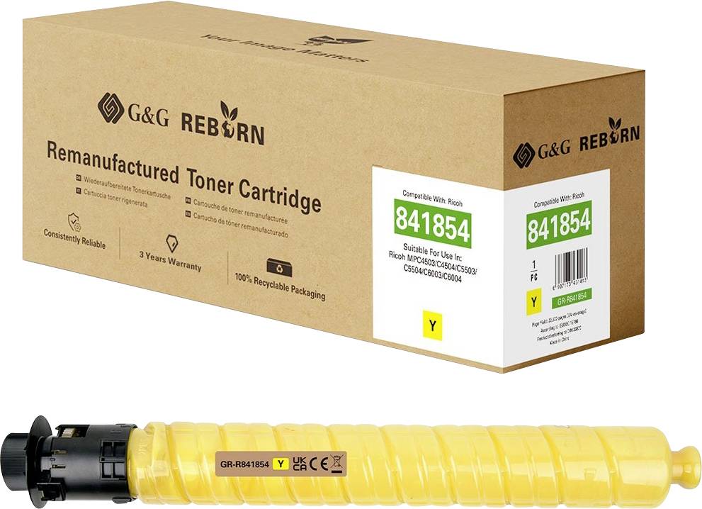 G&G REBORN wiederaufbereitete Tonerkartusche in einer Schachtel mit gelber Tonerkartusche, wie unten gezeigt; das Etikett trägt die Aufschrift GR-R841854 und Y.