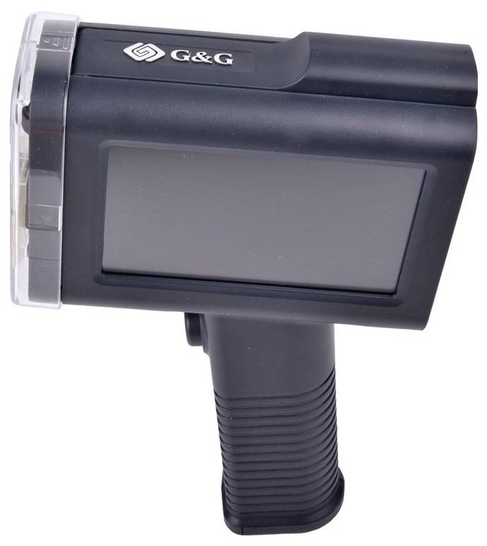 Schwarzer tragbarer G&G-Barcode-Scanner mit Grifftrigger und großem leerem Display auf weißem Hintergrund.