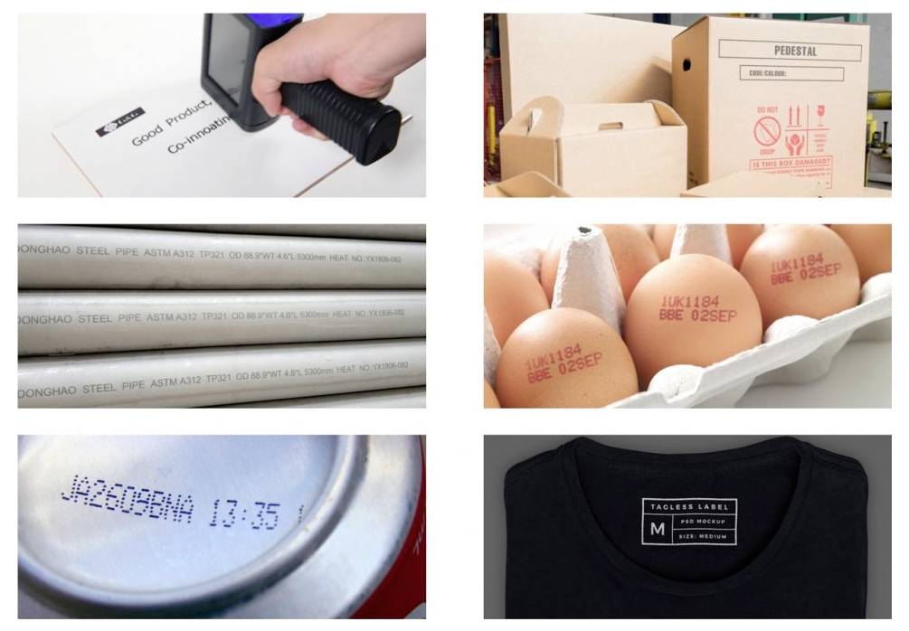 Collage von Produktrückverfolgungsbeispielen: gestempelte Materialien, beschriftete Kisten, Eier und Kleidungsetiketten mit Chargennummern, Daten und Qualitätsmarkierungen.