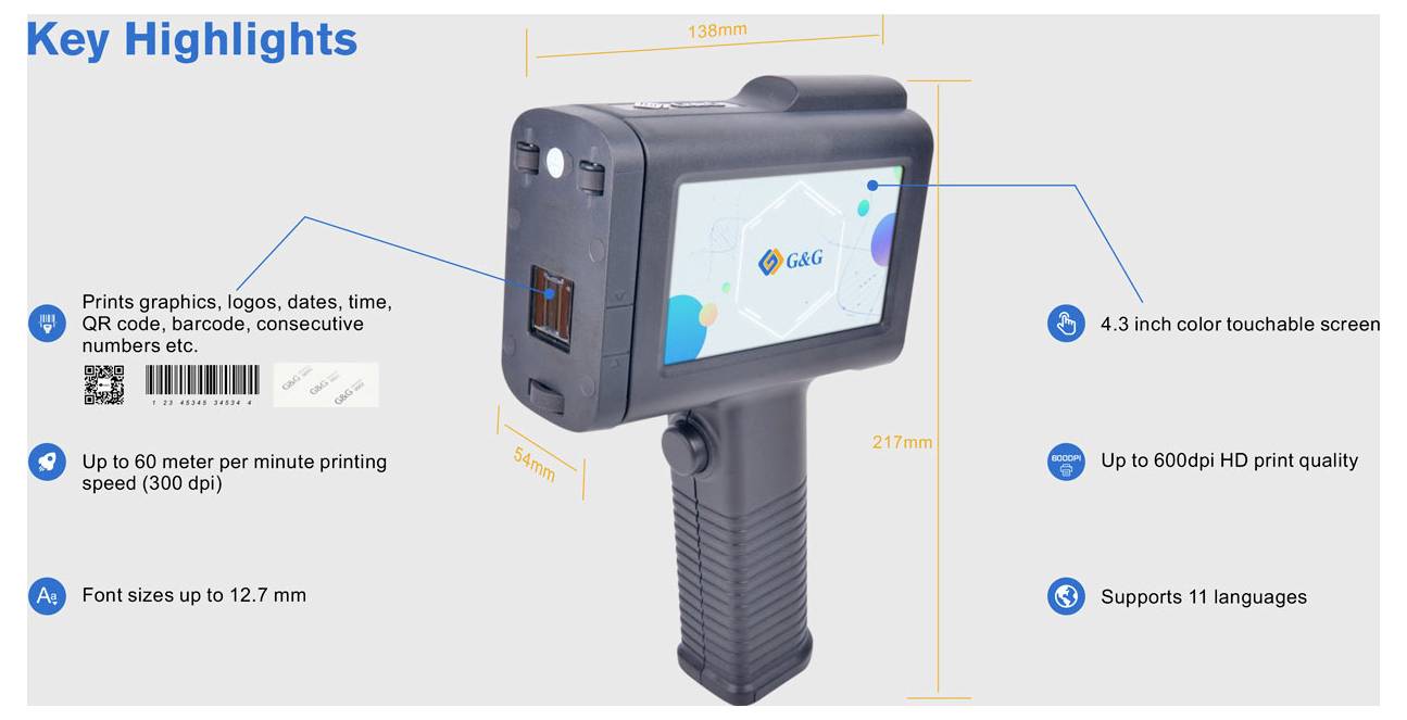 Tragbarer Industrie-Tintenstrahldrucker mit Touchscreen; Highlights sind QR-Code-, Barcode- und Datumsdruck, 4,3-Zoll-Bildschirm, bis zu 600 dpi, 11 Sprachen.