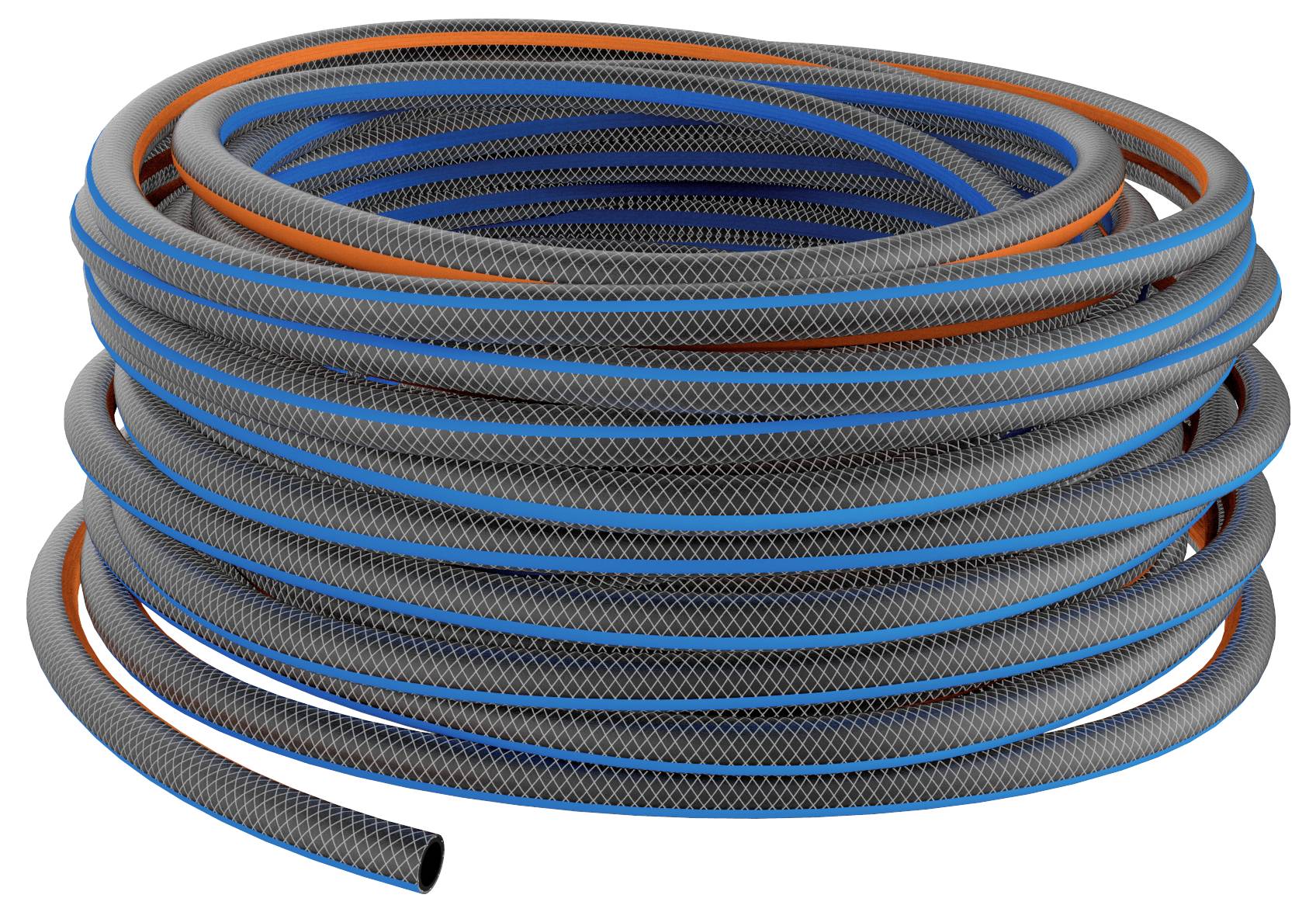 Aufgerollter schwarzer Schlauch oder Kabel mit blauen und orangefarbenen Streifen, gezeigt auf weißem Hintergrund.