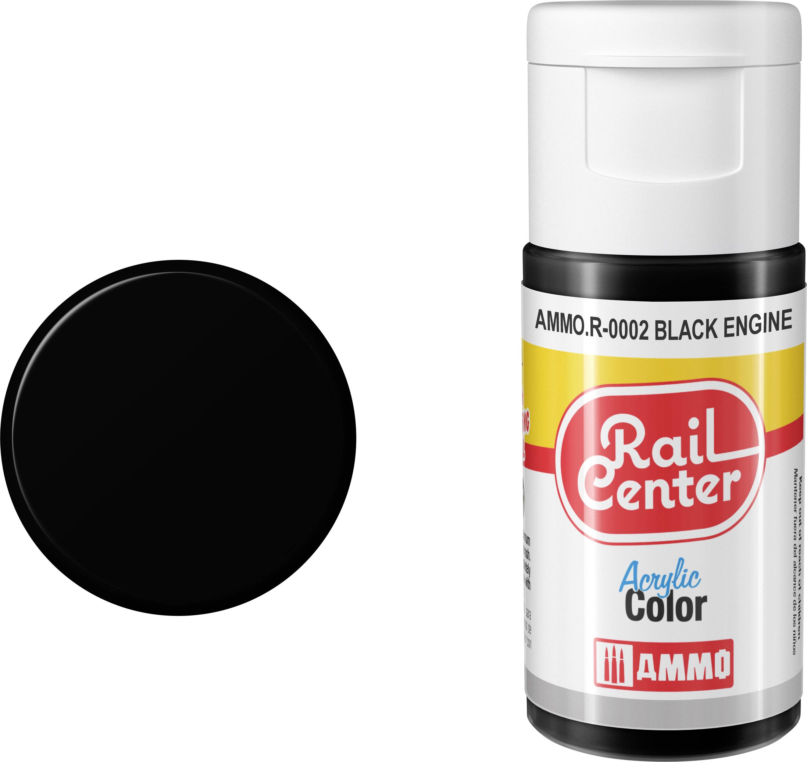 Schwarzes Farbmuster neben einer Flasche Ammo Rail Center Acrylfarbe mit der Bezeichnung „AMMO.R-0002 BLACK ENGINE