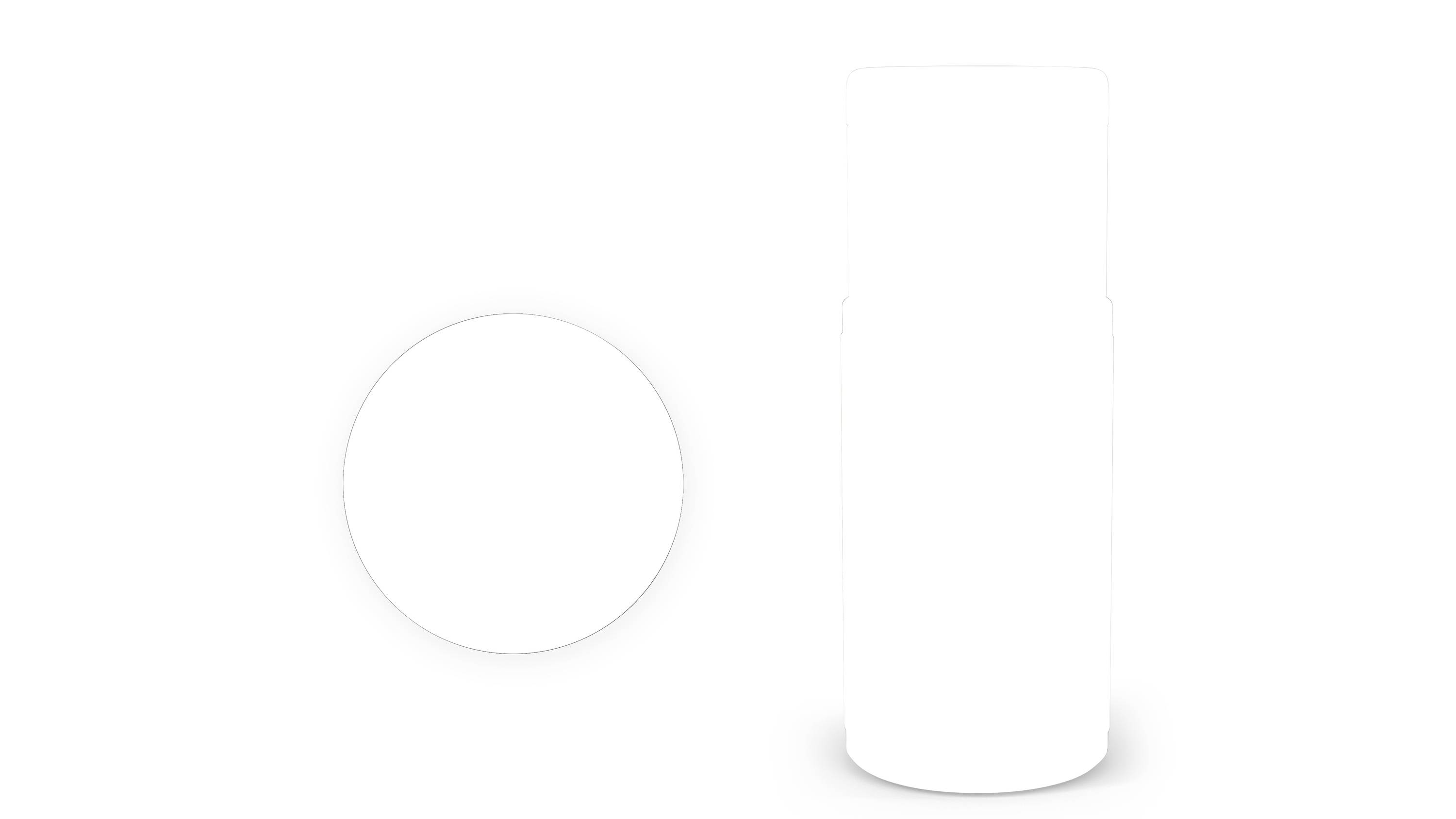 Minimalistische Produktillustration einer weißen zylindrischen Flasche neben einem weißen runden Deckel auf einfachem weißem Hintergrund.