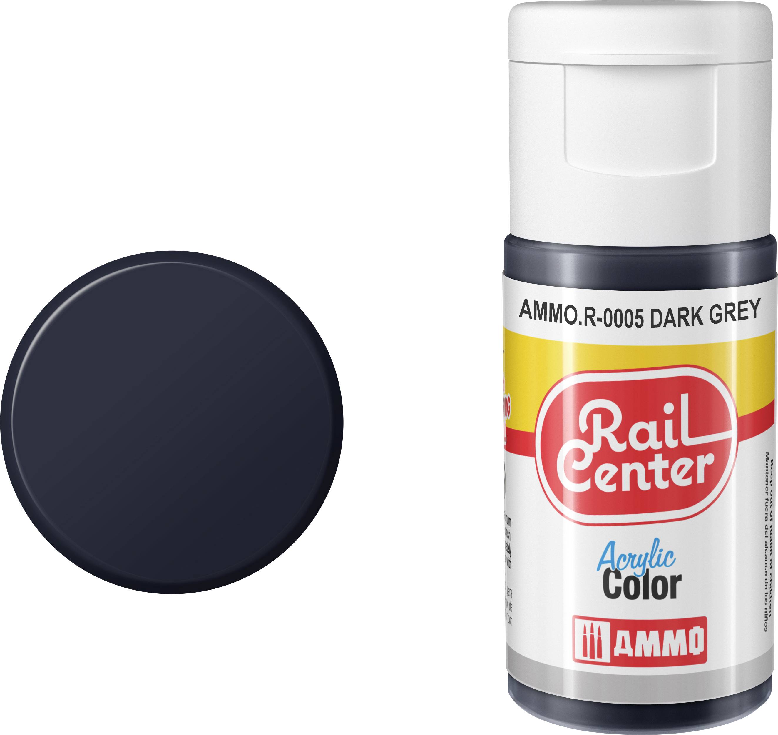 Dunkles Grau-Farbmuster neben einer AMMO Rail Center Acrylfarben-Flasche mit der Bezeichnung „AMMO.R-0005 DARK GREY