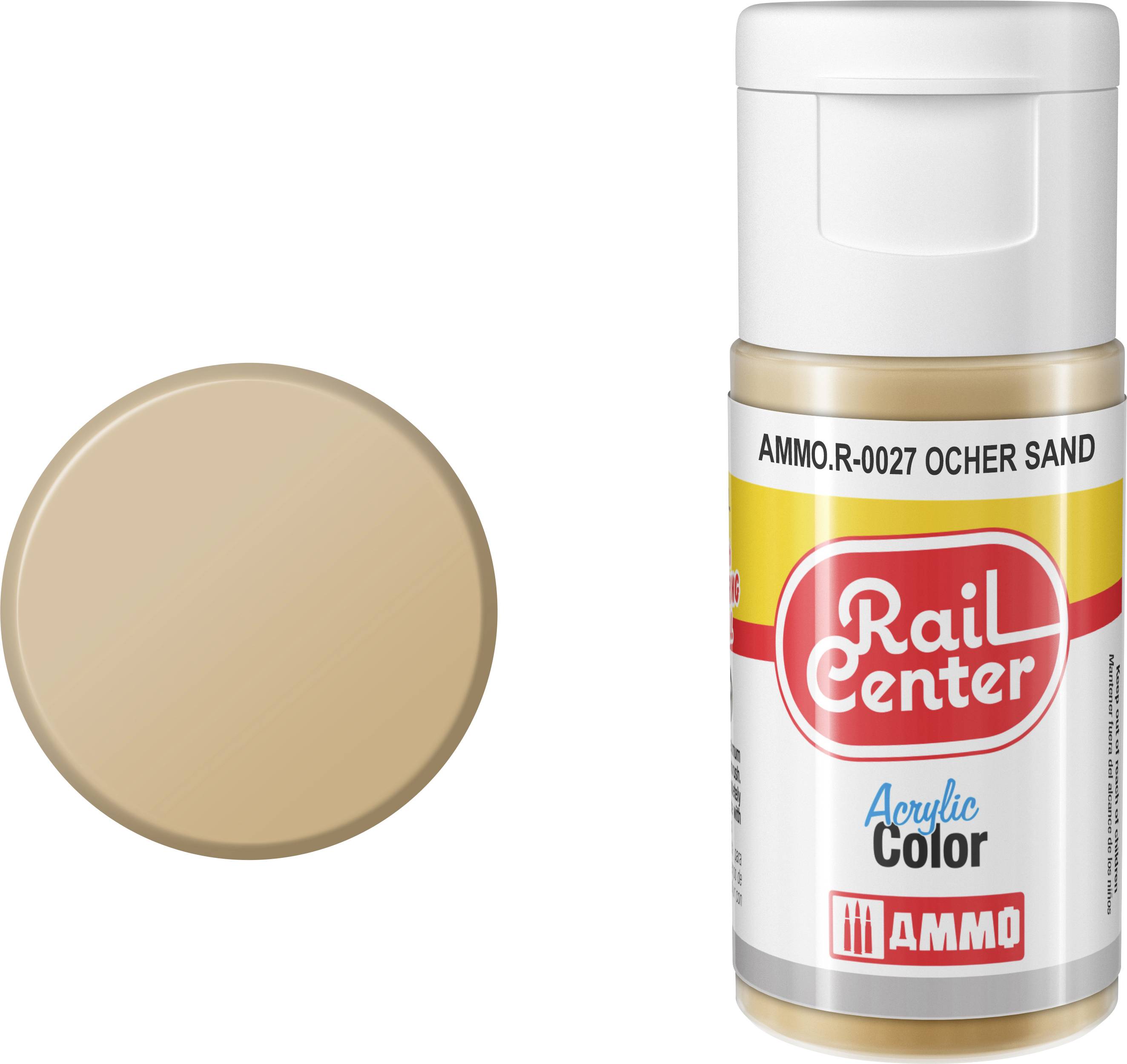 Flasche mit Rail Center Acrylfarbe mit der Aufschrift „AMMO.R-0027 OCHER SAND