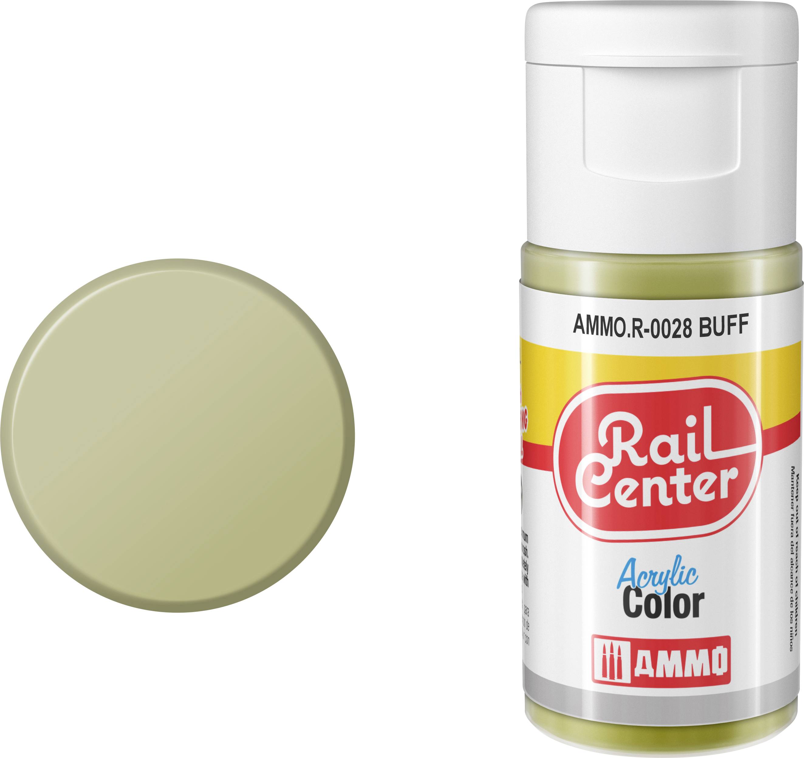 Buff-farbenes Farbmuster neben einer Flasche mit der Aufschrift „Rail Center Acrylic Color