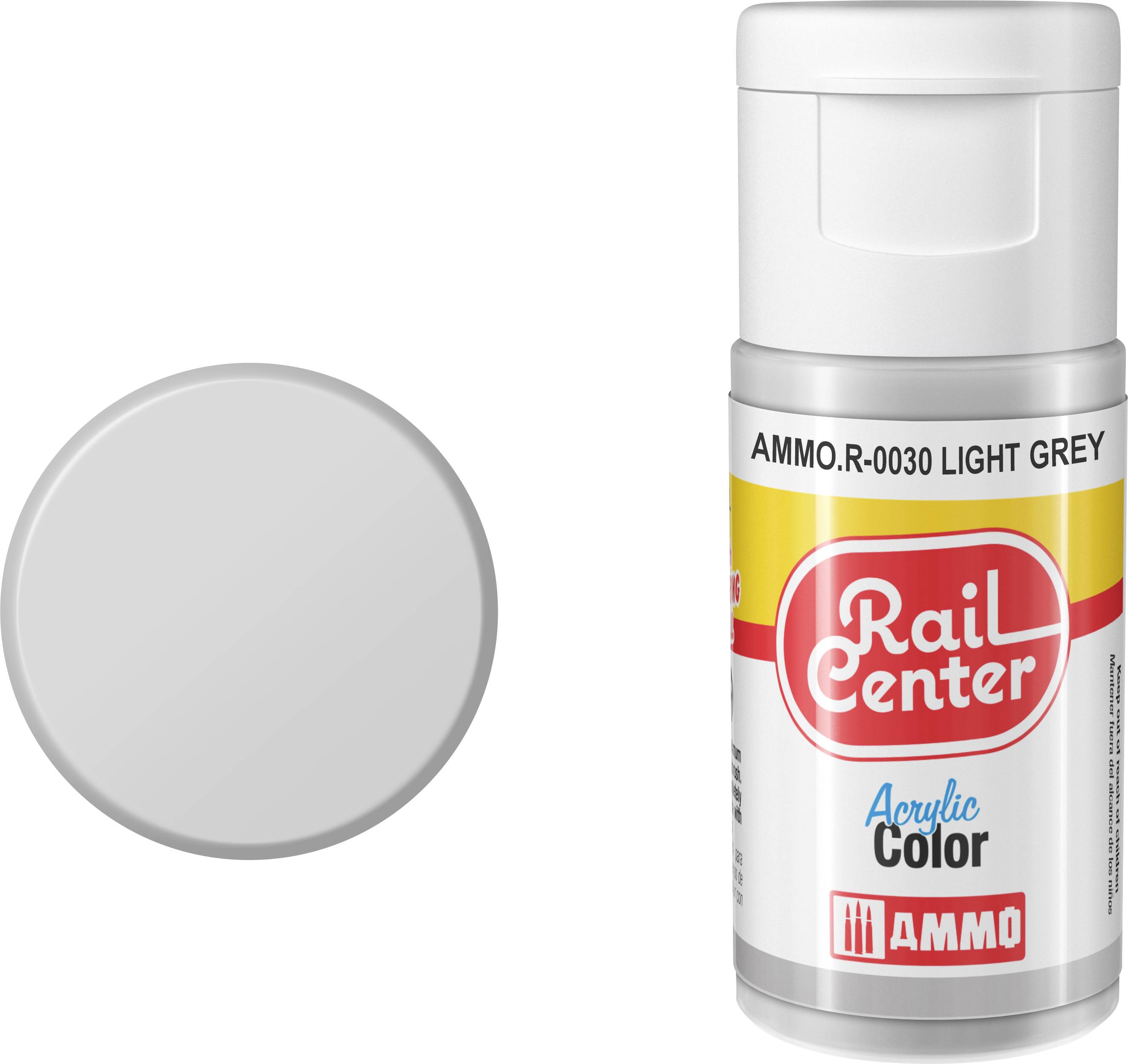 Hellgraue Farbmuster neben einer AMMO Rail Center Acrylfarb-Flasche mit der Bezeichnung „AMMO.R-0030 LIGHT GREY