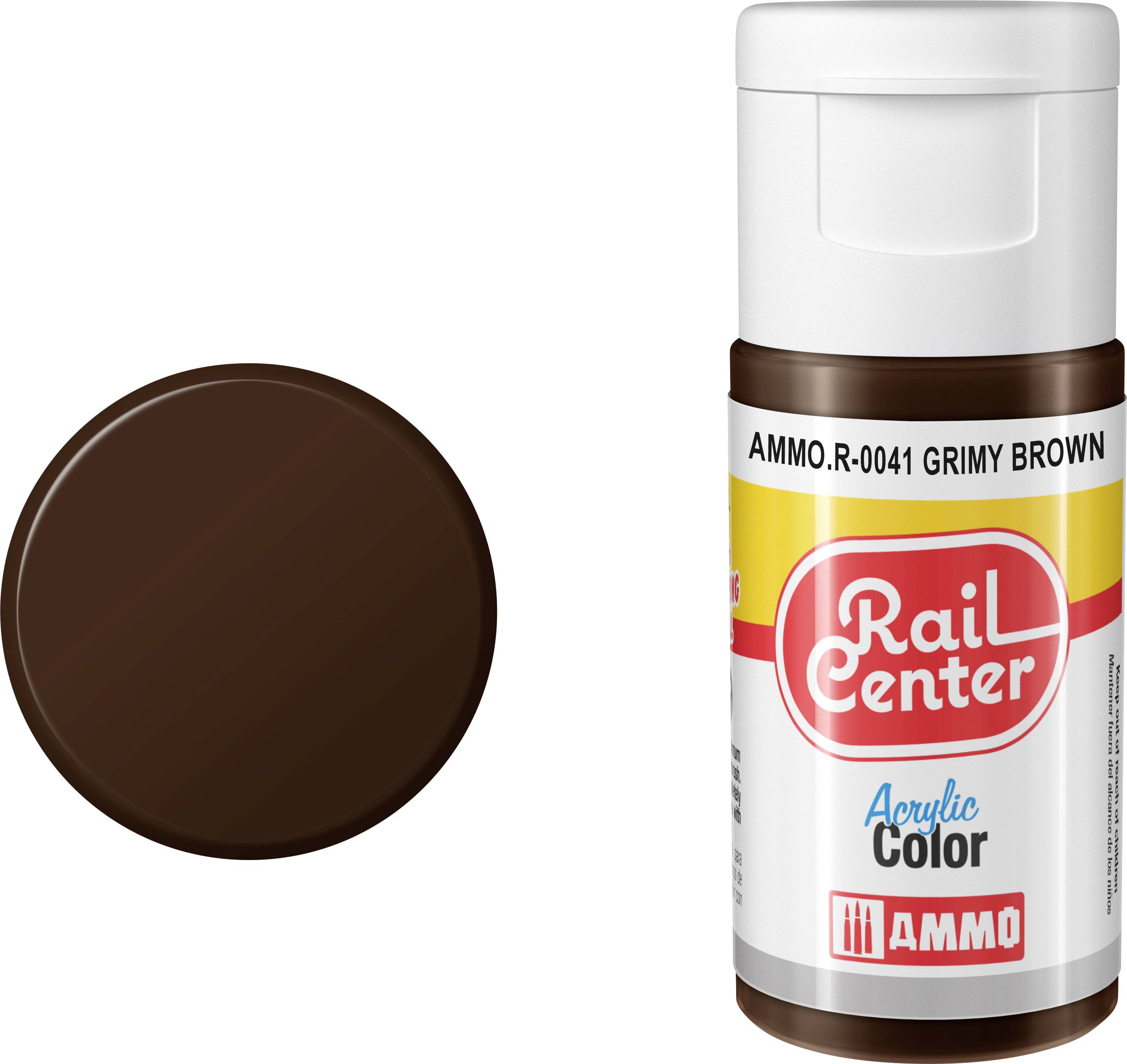 Ein dunkelbraunes Farbmuster neben einer Acrylfarfflasche mit der Bezeichnung „Grimy Brown