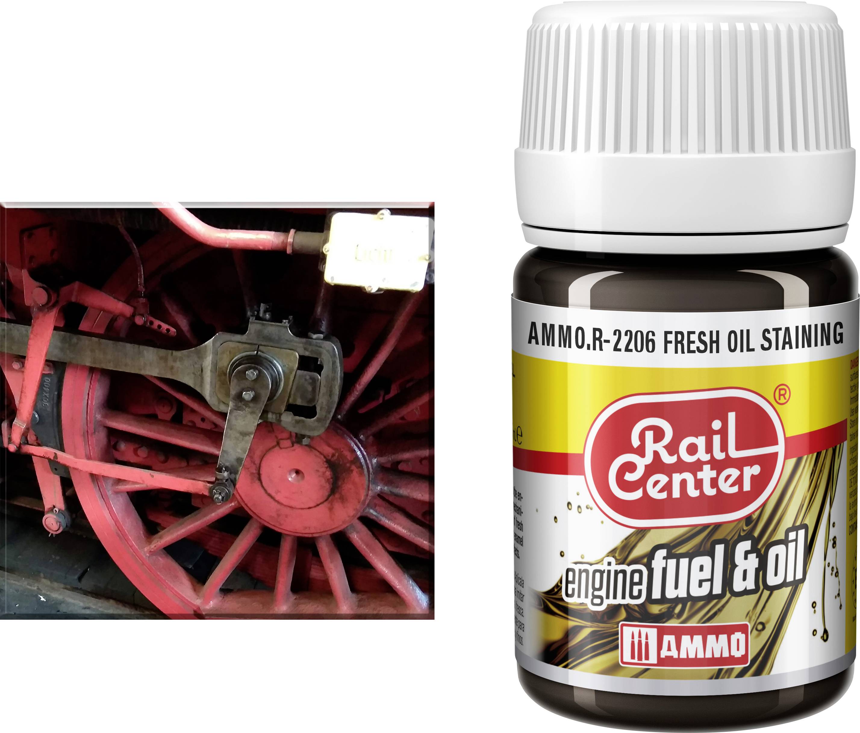 RailCenter Ammo-Motoröl- und Kraftstoff-Fleckenfarbe in einer Flasche, gezeigt neben einer Nahaufnahme roter Zugräder mit frischem Ölschmutz-Effekt.