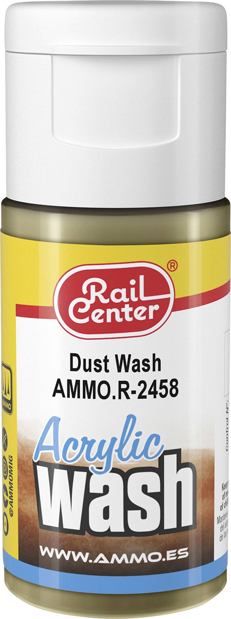 Eine Flasche Rail Center 'Dust Wash' Farbe für Acryl-Verwitterung, etikettiert AMMO.R-2458 und 'Acrylic Wash' mit der Website www.ammo.es.