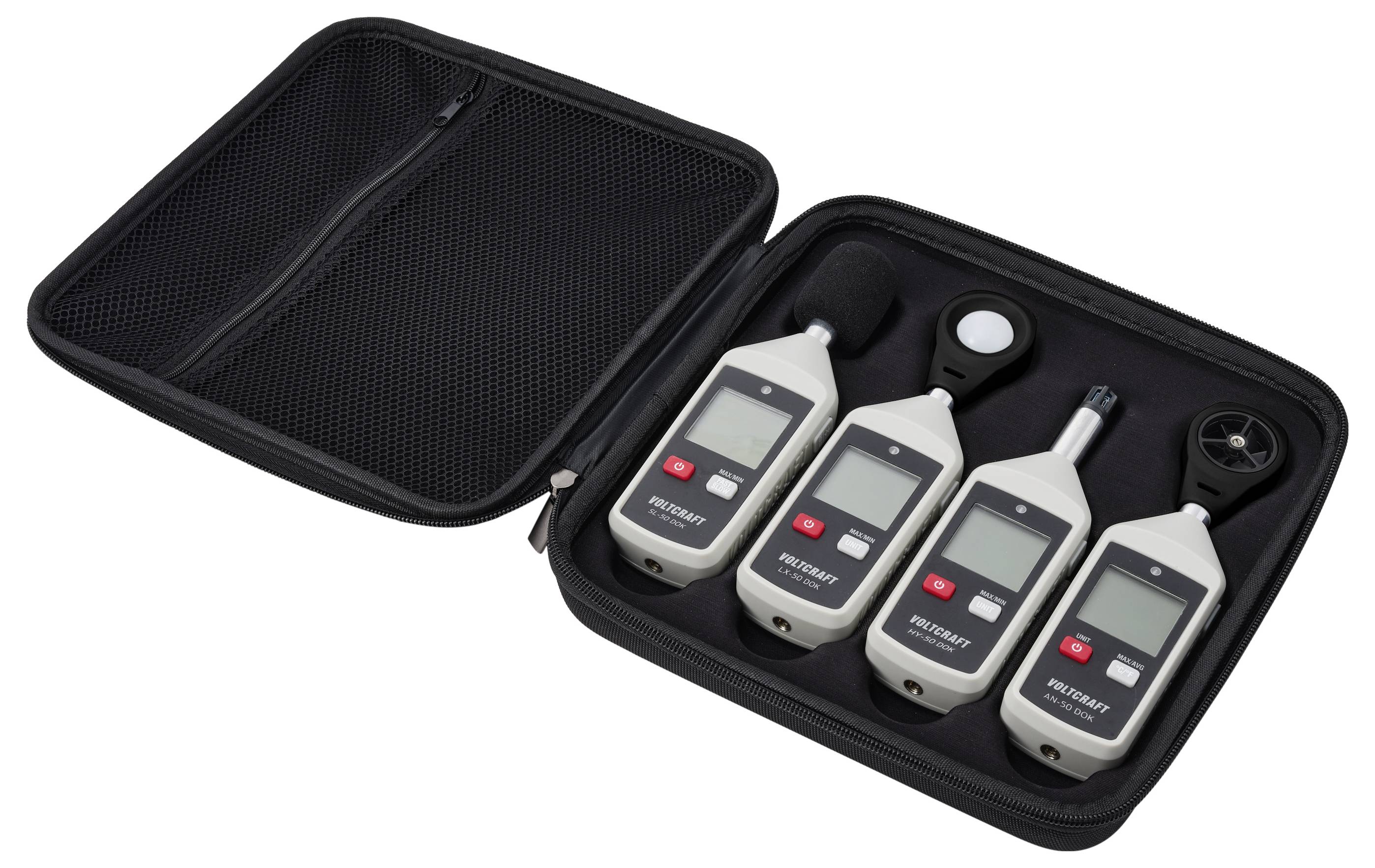Offener Koffer mit vier tragbaren digitalen Messinstrumenten und einem Sensor, angeordnet in Schaumstoffpolsterung.