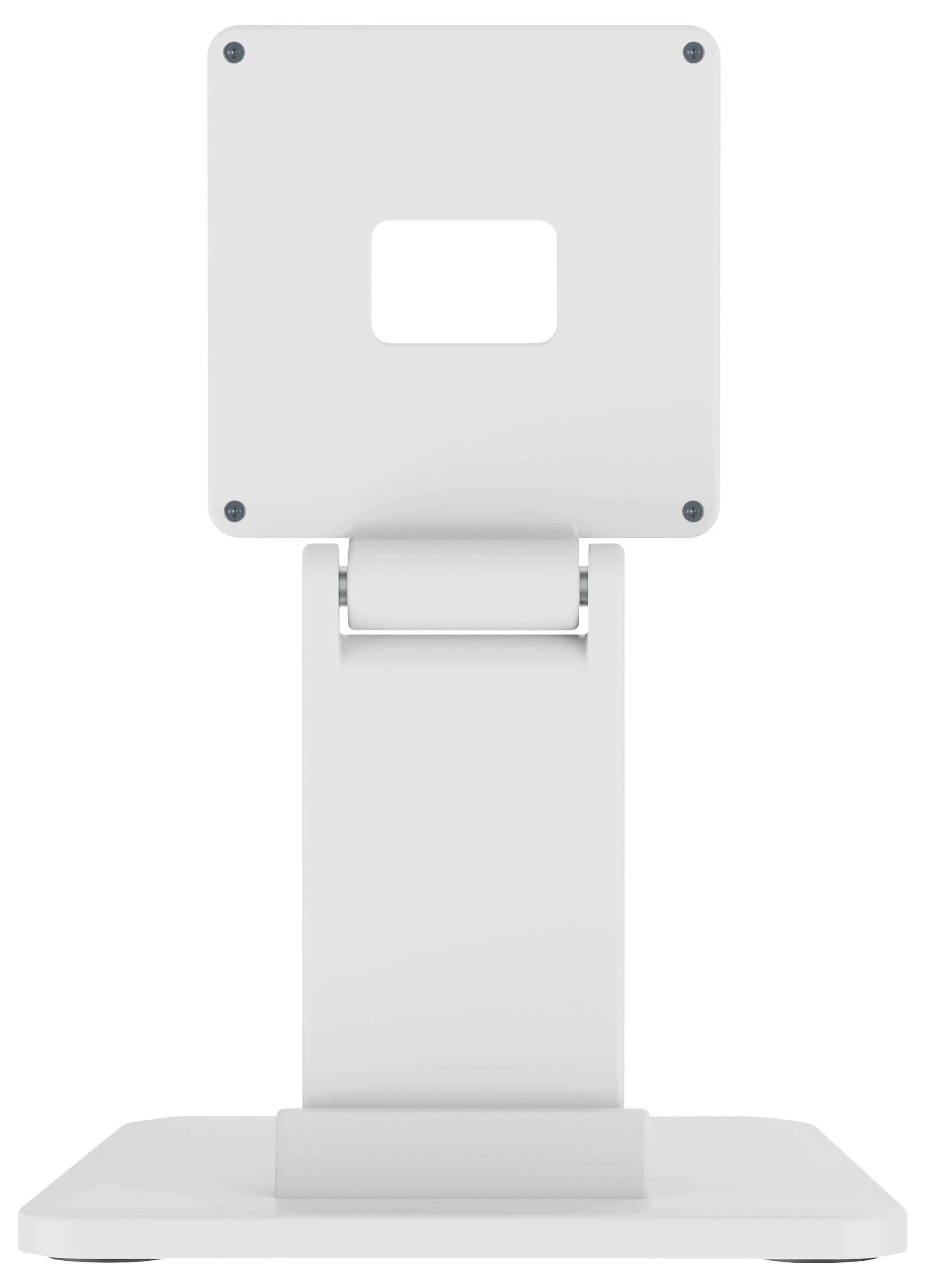 Ein weißer verstellbarer Desktop-Monitorständer mit quadratischer Rückplatte und breiter Basis, in der Frontansicht auf einfachem Hintergrund gezeigt.