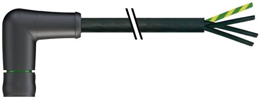 Teilweise abisoliertes schwarzes Kabel mit freiliegenden grünen, gelben und schwarzen Drähten, verbunden mit einem Ellbogenanschluss auf der linken Seite.