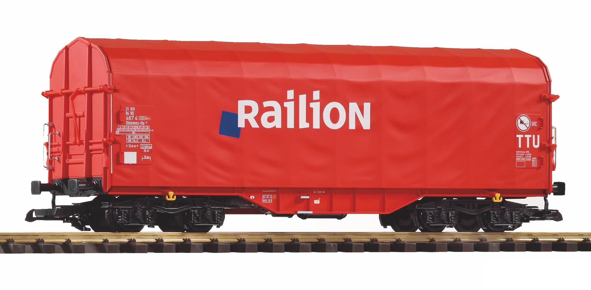 Roter Railion-Güterwagen auf Gleisen, dargestellt in Seitenansicht.