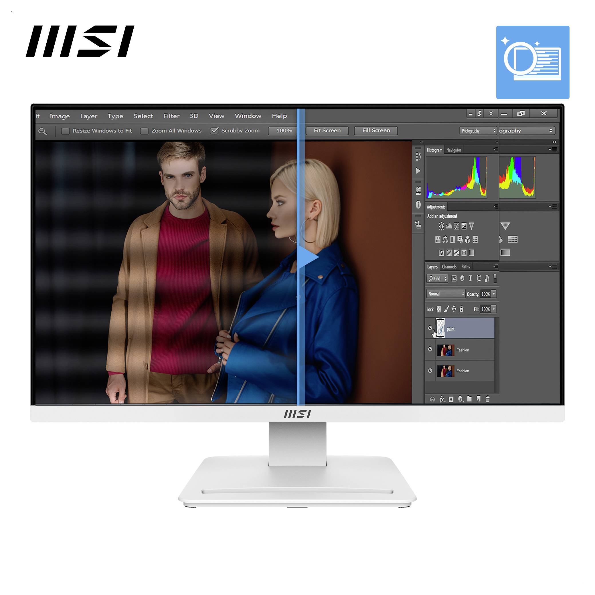 MSI-Monitor zeigt eine Fotobearbeitungs-App mit einem Vorher-Nachher-Splitscreen-Bild zweier Personen und Bearbeitungssteuerelementen, einschließlich eines Histogramm-Panels.