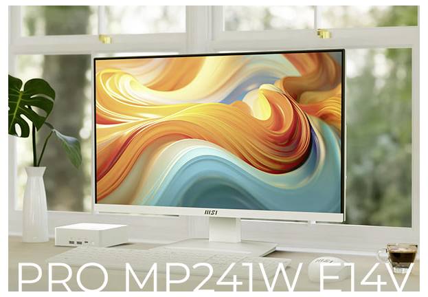 Weißer MSI-Monitor auf einem Schreibtisch, der abstrakte orange und blaue Wellen anzeigt, mit dem Produktnamen „PRO MP241W E14