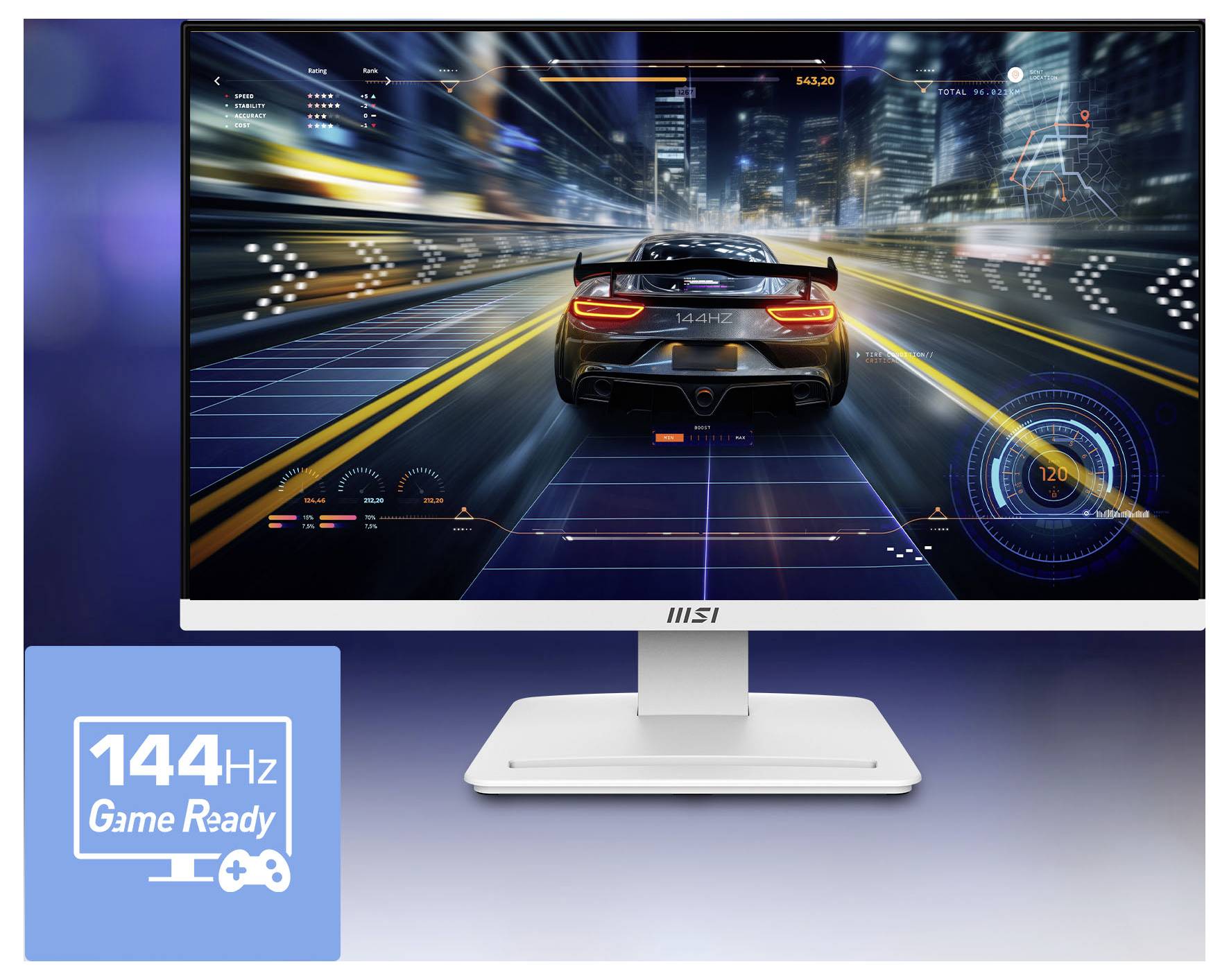 MSI-Monitor zeigt ein Rennwagen-Spiel an, mit einem „144Hz Game Ready