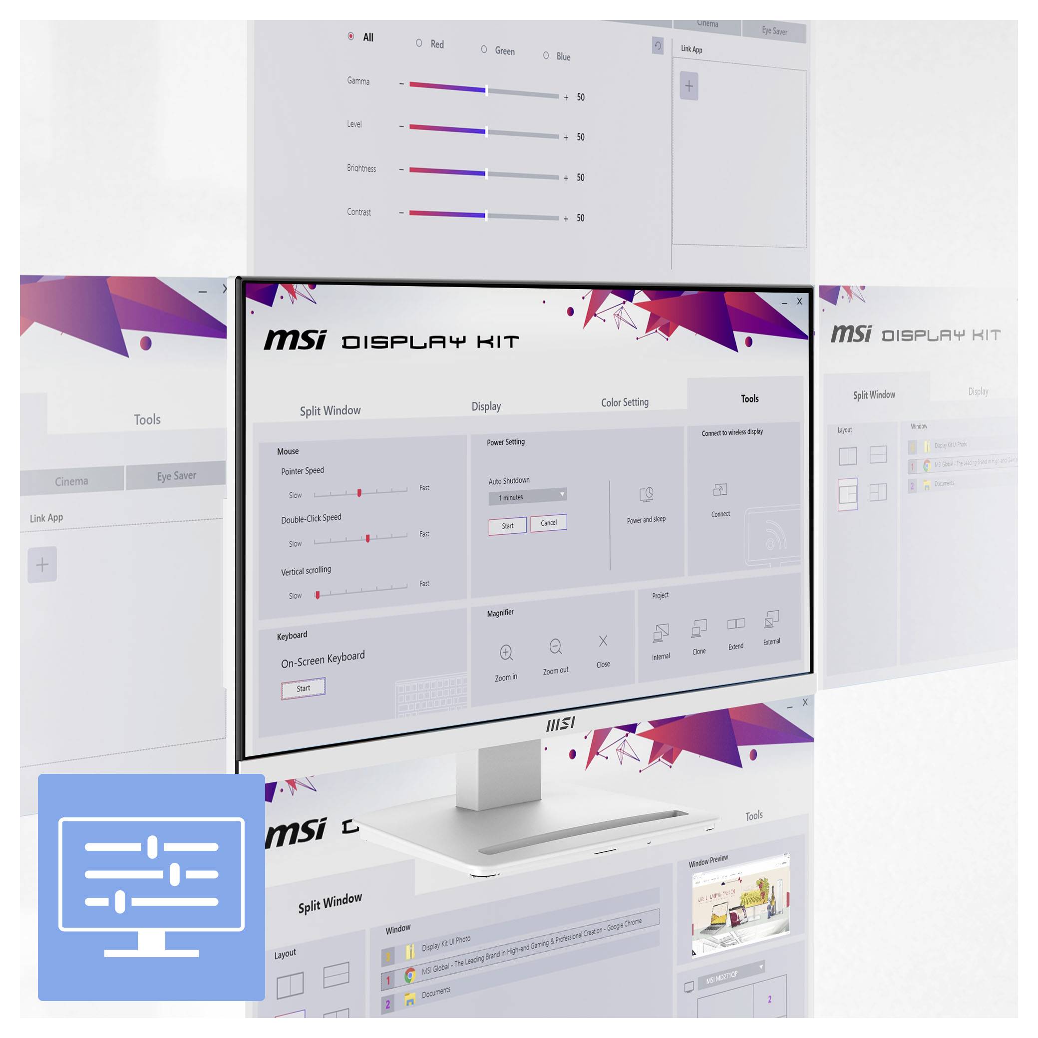 MSI Display Kit Software-Schnittstelle mit Registerkarten für geteiltes Fenster, Anzeige, Farbeinstellungen und Tools mit Schiebereglern und Layoutoptionen.