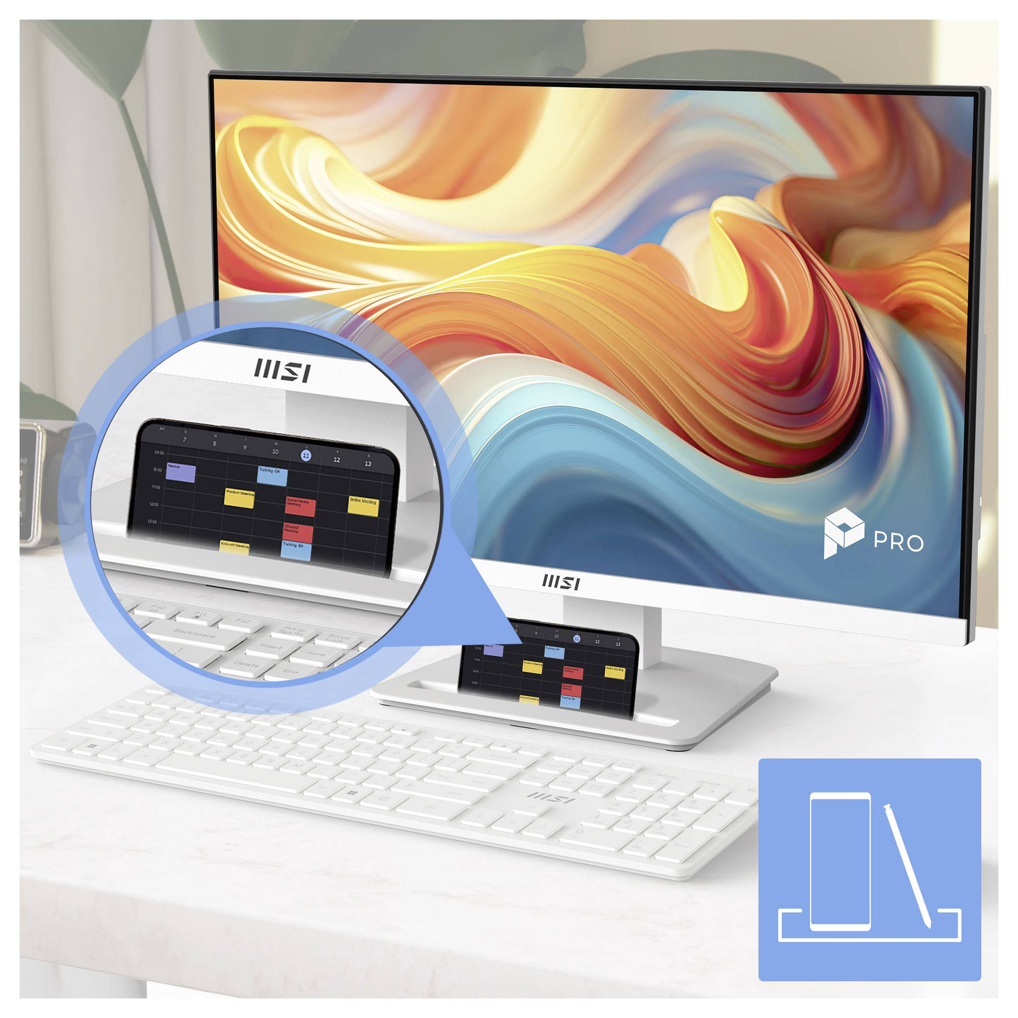 Allround-Desktop-Monitor mit integriertem Smart-Screen über der Tastatur, auf dem eine Kalender-App angezeigt wird; „PRO