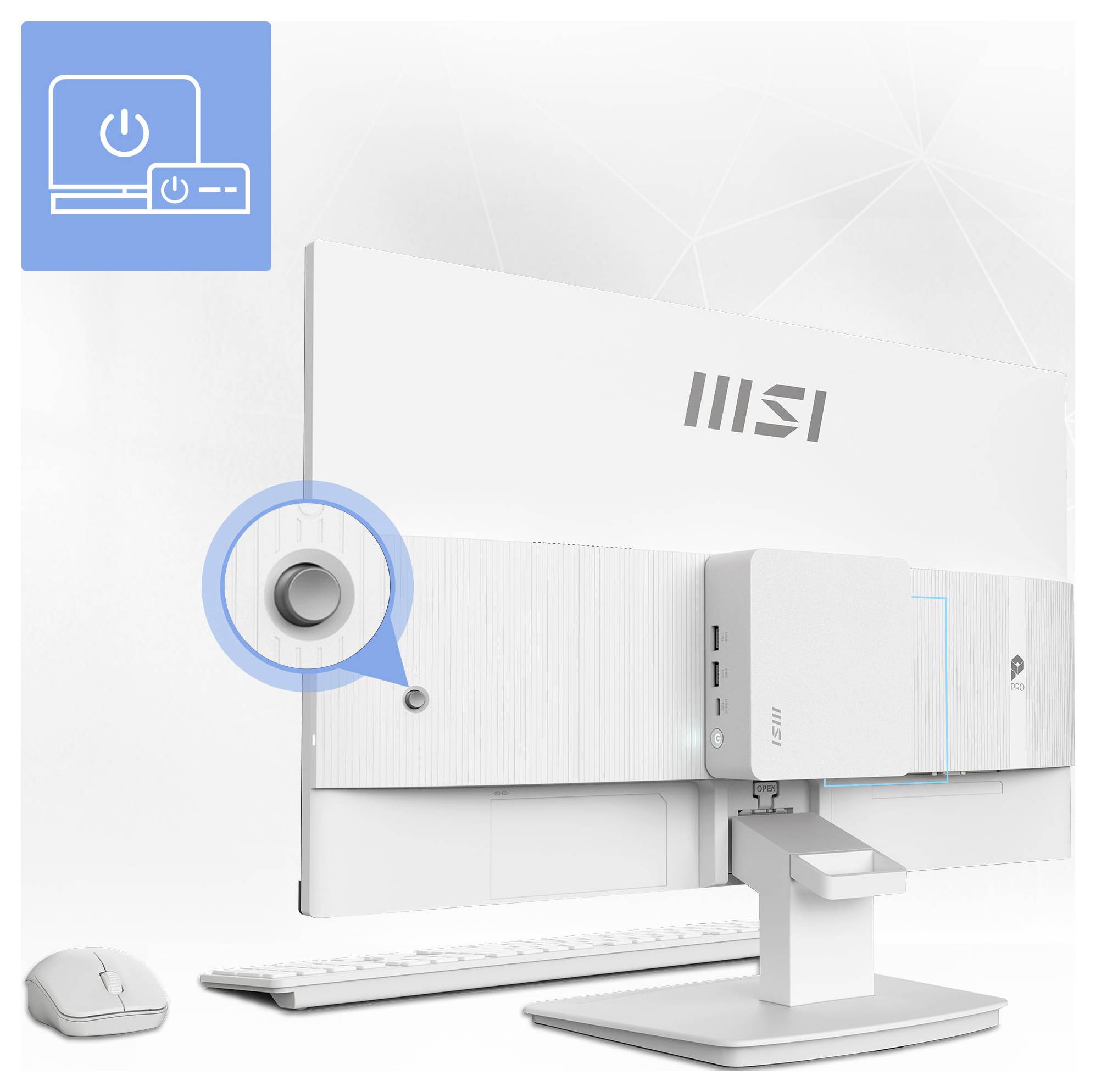 MSI All-in-One-Desktopcomputer von hinten mit Beschriftung der Stromschaltfläche, Tastatur, Maus und Ständer auf weißem Hintergrund.