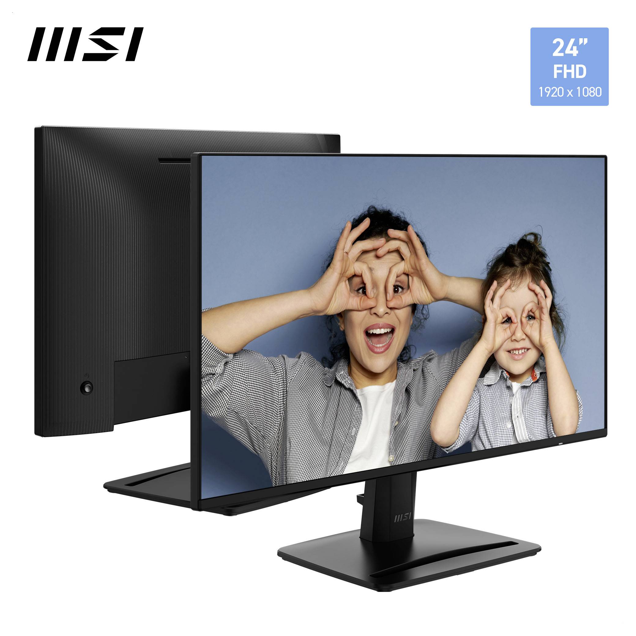 MSI 24-Zoll-FHD-Monitor von vorne und hinten gezeigt, mit zwei Personen auf dem Bildschirm, die verspielte Handgesten machen; enthält eine Beschriftung mit 1920 x 1080.